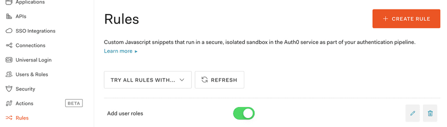 Auth0 Rules dashboard